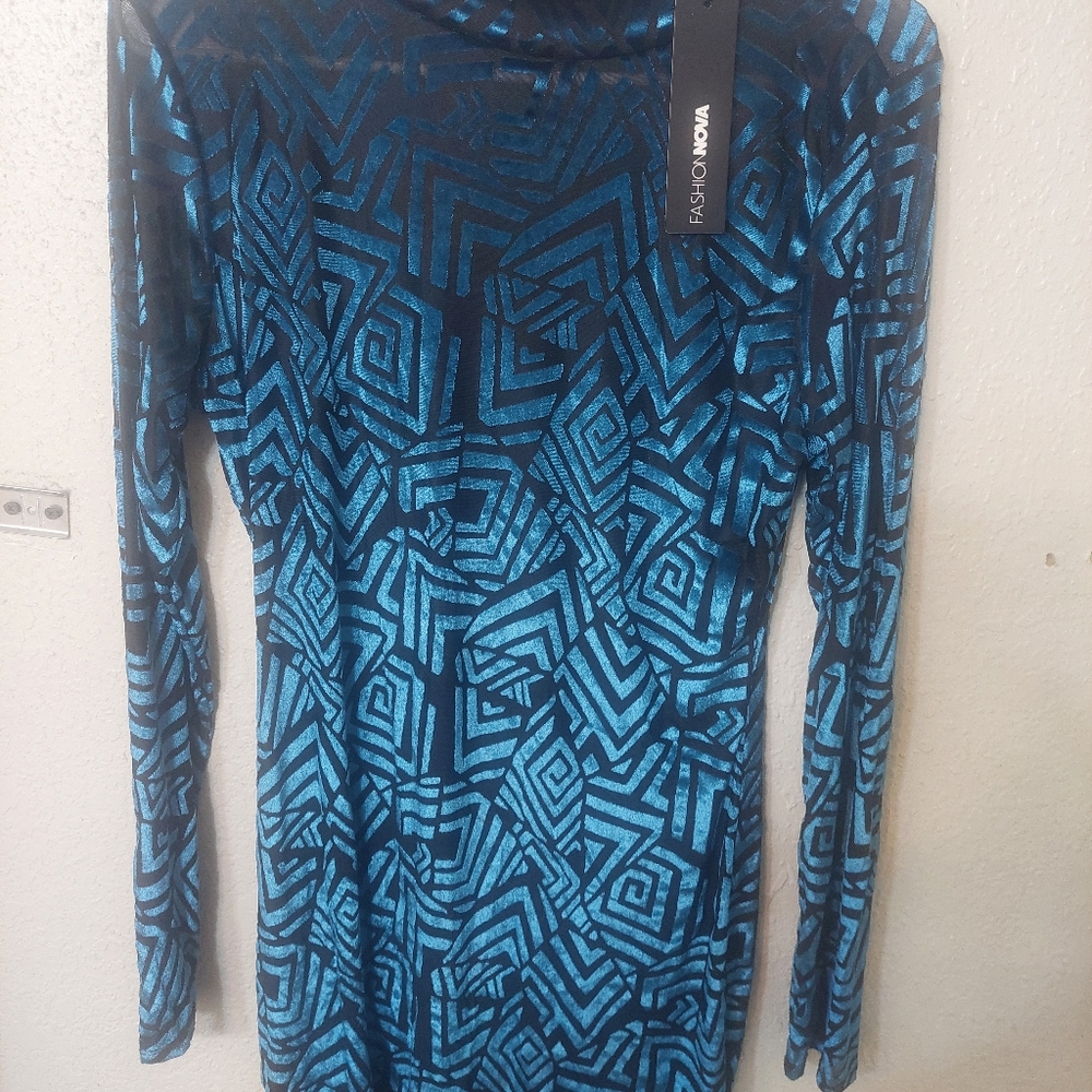 Fashion Nova Blue Geometric Long Sleeve Dress